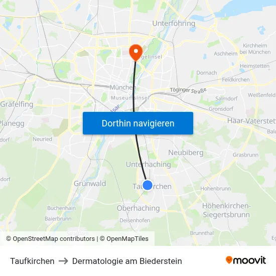 Taufkirchen to Dermatologie am Biederstein map