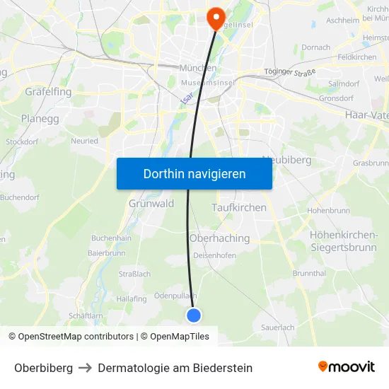Oberbiberg to Dermatologie am Biederstein map