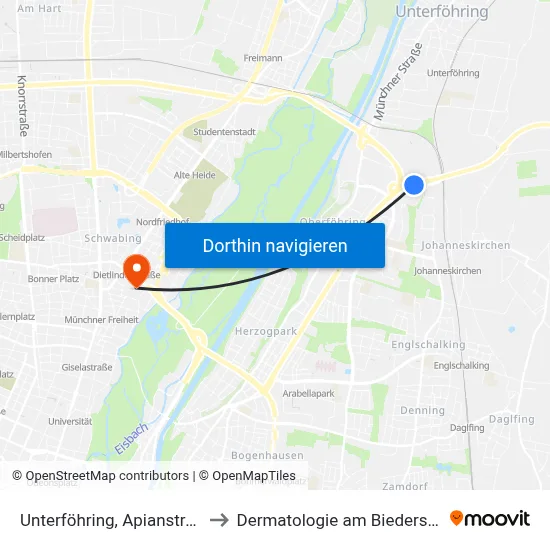 Unterföhring, Apianstraße to Dermatologie am Biederstein map