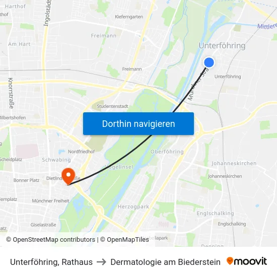 Unterföhring, Rathaus to Dermatologie am Biederstein map