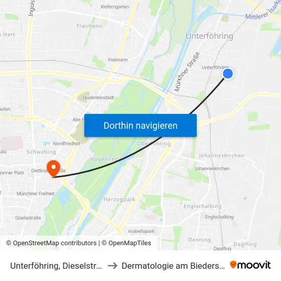 Unterföhring, Dieselstraße to Dermatologie am Biederstein map