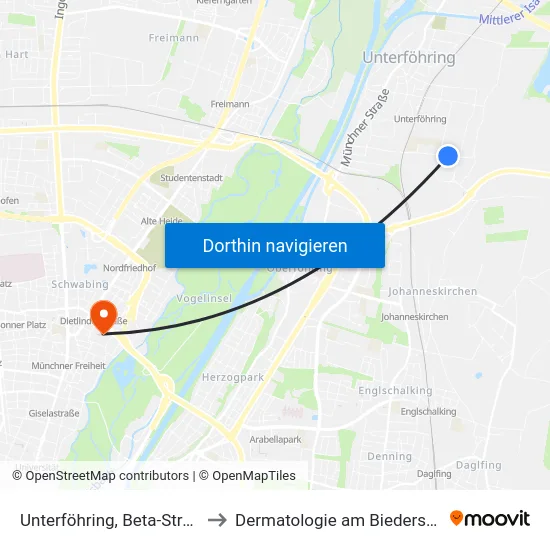 Unterföhring, Beta-Straße to Dermatologie am Biederstein map