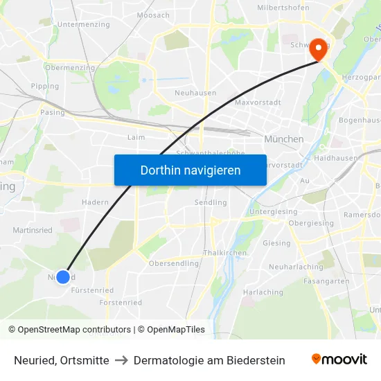 Neuried, Ortsmitte to Dermatologie am Biederstein map
