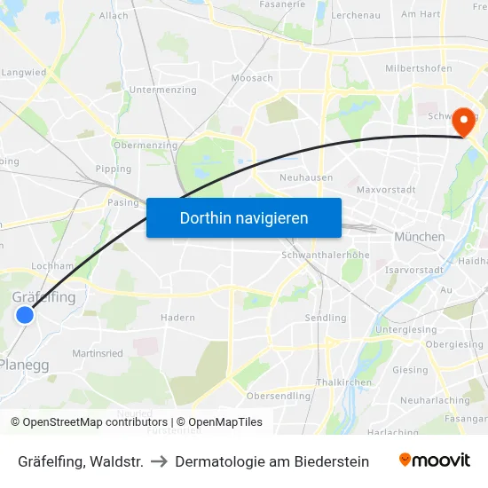 Gräfelfing, Waldstr. to Dermatologie am Biederstein map