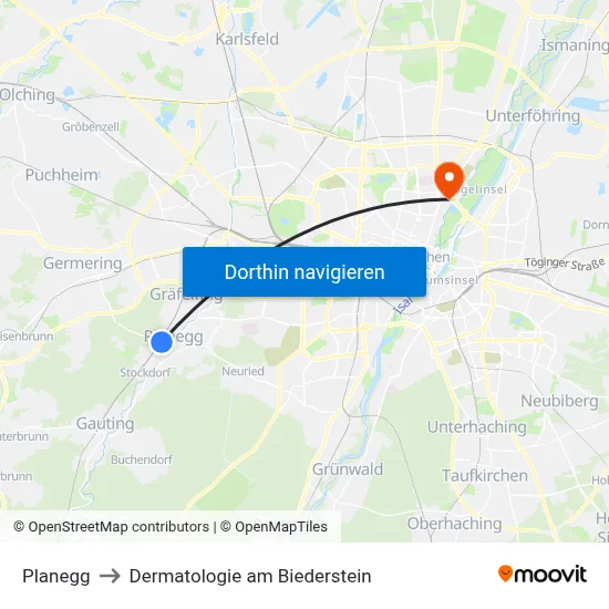Planegg to Dermatologie am Biederstein map