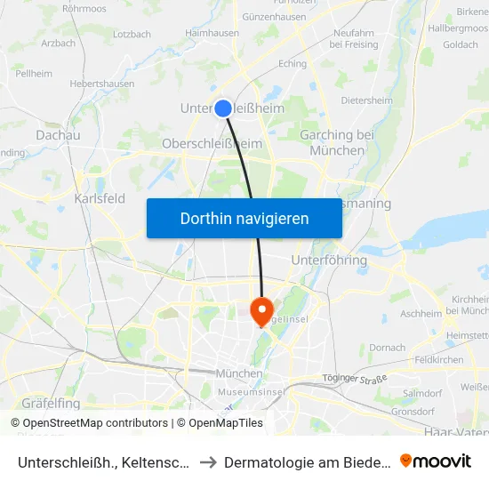 Unterschleißh., Keltenschanze to Dermatologie am Biederstein map