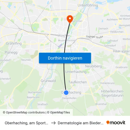 Oberhaching, am Sportplatz to Dermatologie am Biederstein map