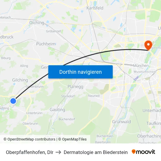 Oberpfaffenhofen, Dlr to Dermatologie am Biederstein map