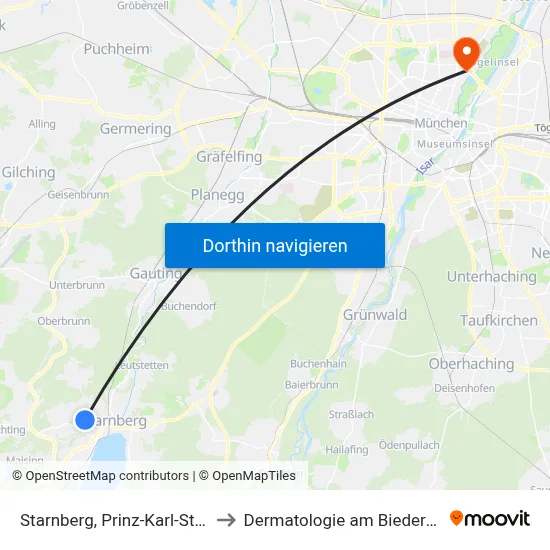 Starnberg, Prinz-Karl-Straße to Dermatologie am Biederstein map