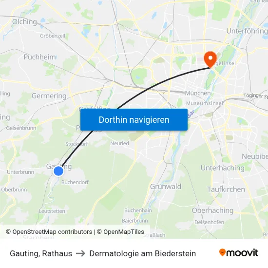 Gauting, Rathaus to Dermatologie am Biederstein map