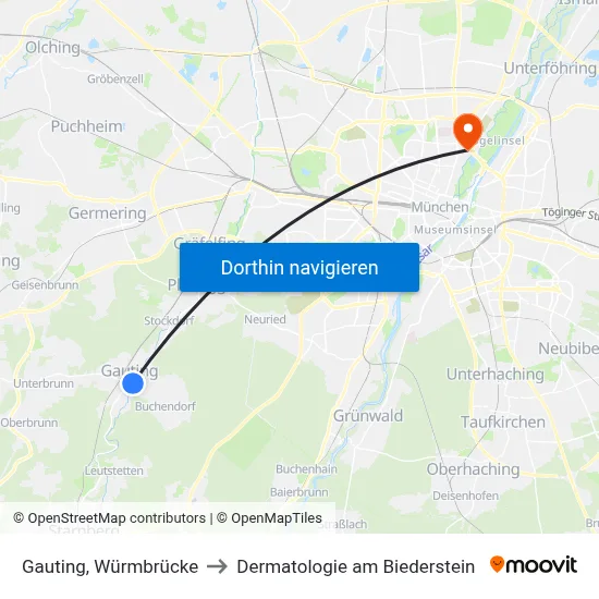 Gauting, Würmbrücke to Dermatologie am Biederstein map