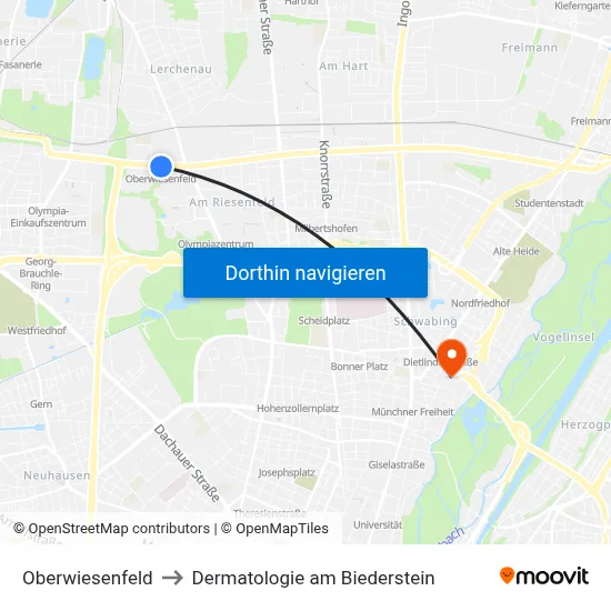 Oberwiesenfeld to Dermatologie am Biederstein map