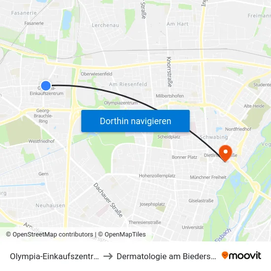 Olympia-Einkaufszentrum to Dermatologie am Biederstein map