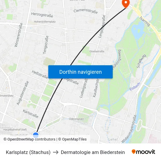 Karlsplatz (Stachus) to Dermatologie am Biederstein map