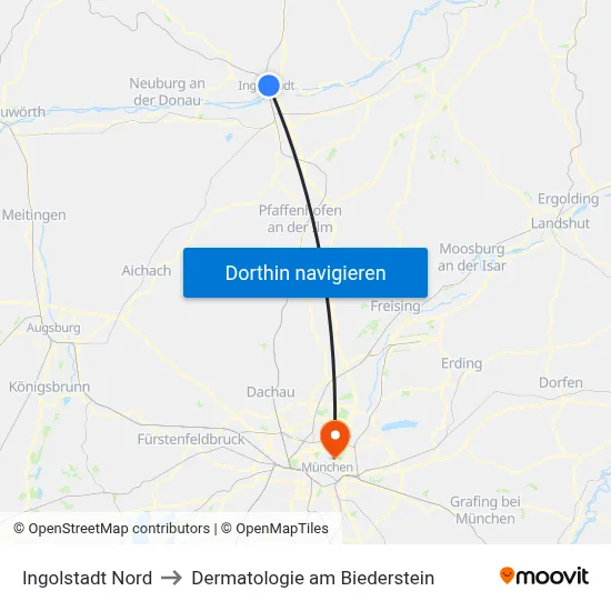 Ingolstadt Nord to Dermatologie am Biederstein map