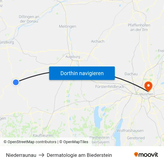 Niederraunau to Dermatologie am Biederstein map