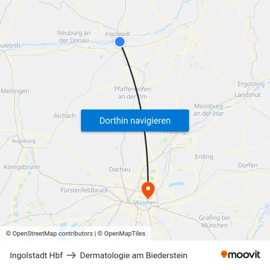 Ingolstadt Hbf to Dermatologie am Biederstein map