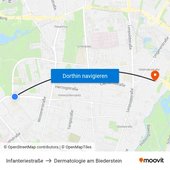 Infanteriestraße to Dermatologie am Biederstein map