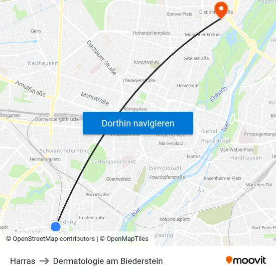 Harras to Dermatologie am Biederstein map