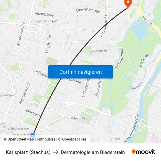 Karlsplatz (Stachus) to Dermatologie am Biederstein map