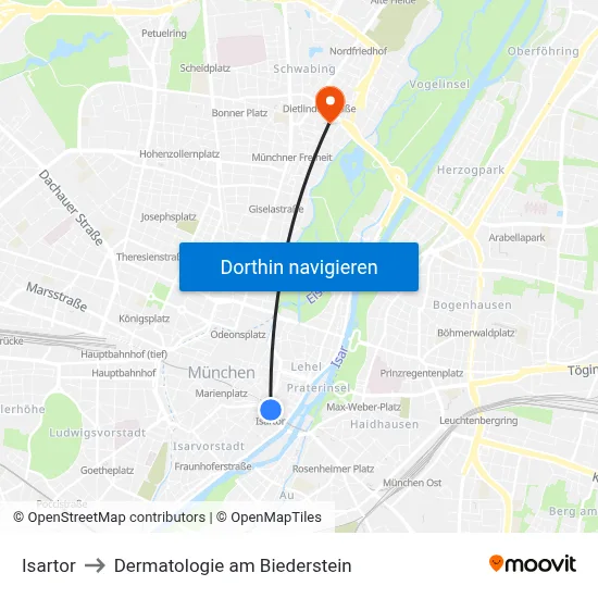 Isartor to Dermatologie am Biederstein map