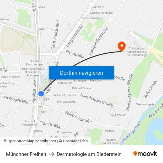 Münchner Freiheit to Dermatologie am Biederstein map