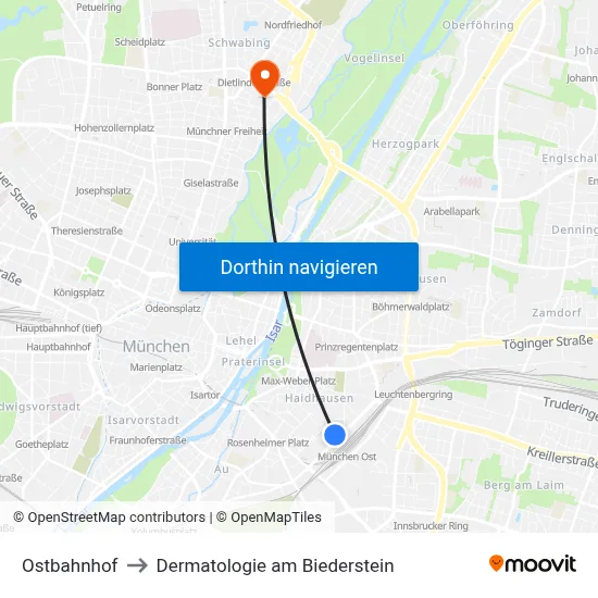 Ostbahnhof to Dermatologie am Biederstein map