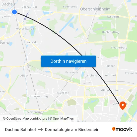 Dachau Bahnhof to Dermatologie am Biederstein map