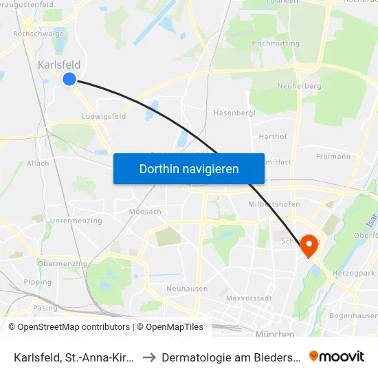 Karlsfeld, St.-Anna-Kirche to Dermatologie am Biederstein map