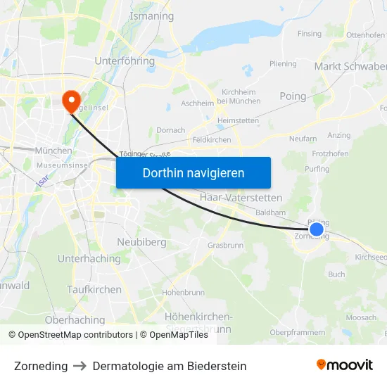 Zorneding to Dermatologie am Biederstein map