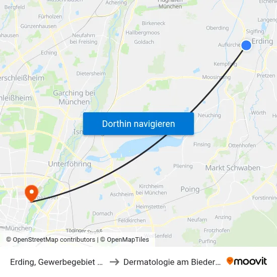 Erding, Gewerbegebiet West to Dermatologie am Biederstein map