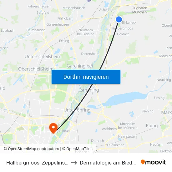 Hallbergmoos, Zeppelinstr. Süd to Dermatologie am Biederstein map