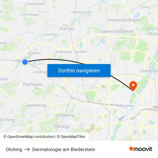 Olching to Dermatologie am Biederstein map