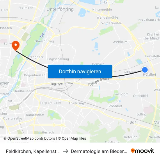 Feldkirchen, Kapellenstraße to Dermatologie am Biederstein map