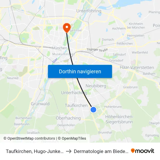 Taufkirchen, Hugo-Junkers-Str. to Dermatologie am Biederstein map