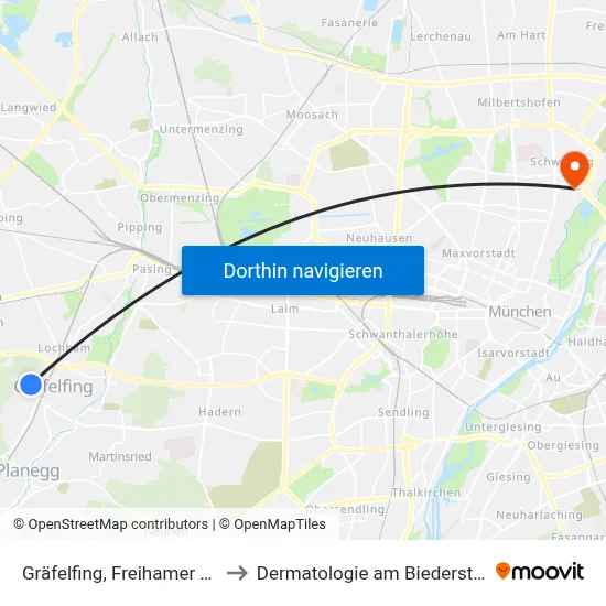 Gräfelfing, Freihamer Str. to Dermatologie am Biederstein map