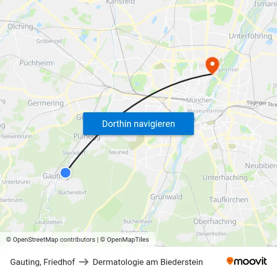 Gauting, Friedhof to Dermatologie am Biederstein map