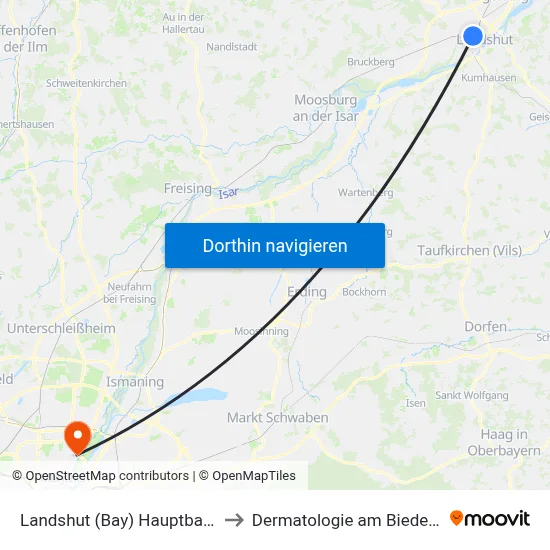 Landshut (Bay) Hauptbahnhof to Dermatologie am Biederstein map