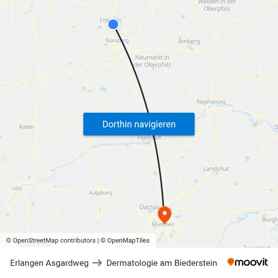 Erlangen Asgardweg to Dermatologie am Biederstein map