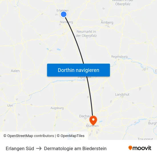 Erlangen Süd to Dermatologie am Biederstein map