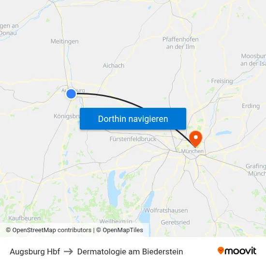 Augsburg Hbf to Dermatologie am Biederstein map