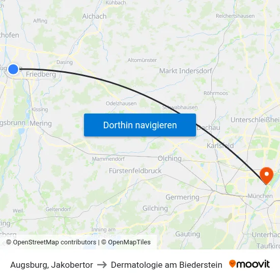 Augsburg, Jakobertor to Dermatologie am Biederstein map