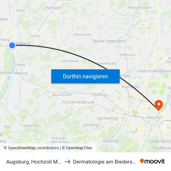Augsburg, Hochzoll Mitte to Dermatologie am Biederstein map