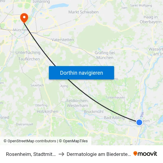 Rosenheim, Stadtmitte to Dermatologie am Biederstein map