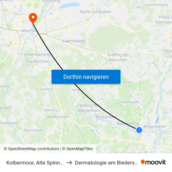 Kolbermoor, Alte Spinnerei to Dermatologie am Biederstein map