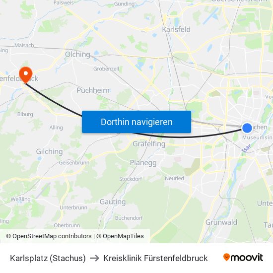 Karlsplatz (Stachus) to Kreisklinik Fürstenfeldbruck map