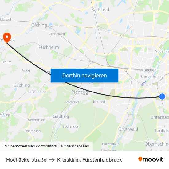 Hochäckerstraße to Kreisklinik Fürstenfeldbruck map