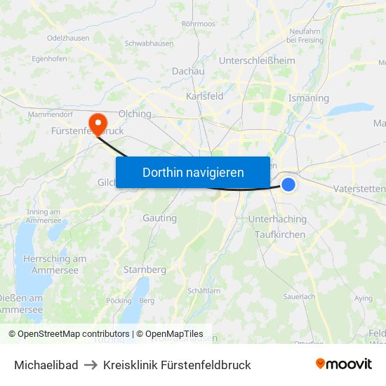 Michaelibad to Kreisklinik Fürstenfeldbruck map