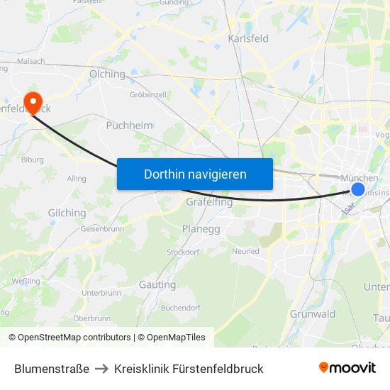 Blumenstraße to Kreisklinik Fürstenfeldbruck map