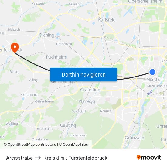 Arcisstraße to Kreisklinik Fürstenfeldbruck map